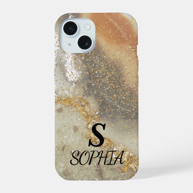 Pink marble chic gold glitter monogram iPhone 15 case (Back)