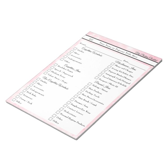 Pink Marble Customised Pageant Packing Checklist Notepad (Angled)