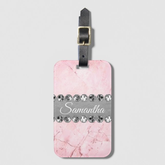 Pink Marble Diamond Bling Personalised Luggage Tag (Front Vertical)