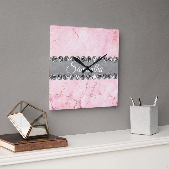 Pink Marble Diamond Bling            Square Wall Clock (Office)