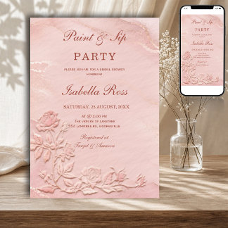 Pink Marble Faux Embossed Roses Bridal Shower Invitation