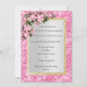 pink marble floral wedding with pink floral gold invitation