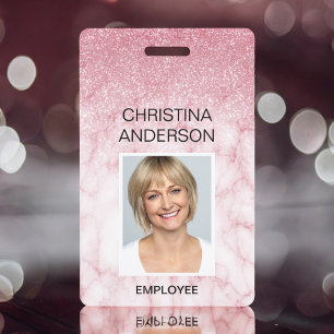 Pink Marble Glitter Employee Name Photo Corporate ID Badge