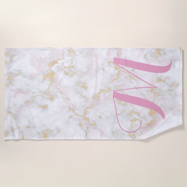 Pink Marble Glitter Initial Beach Towel (Front)