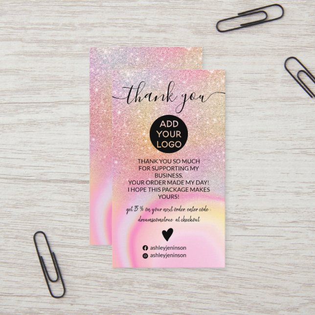 Pink marble glitter ombre rainbow order thank you business card (Front/Back In Situ)