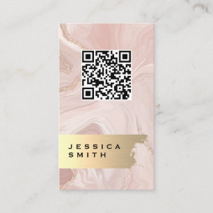 Pink Marble Gold Flakes   QR Code Business Card