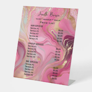 Pink Marble & Gold Glitter Beauty Salon Price List Pedestal Sign