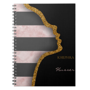 Pink Marble Gold Glitter Black And Grey Name Notebook
