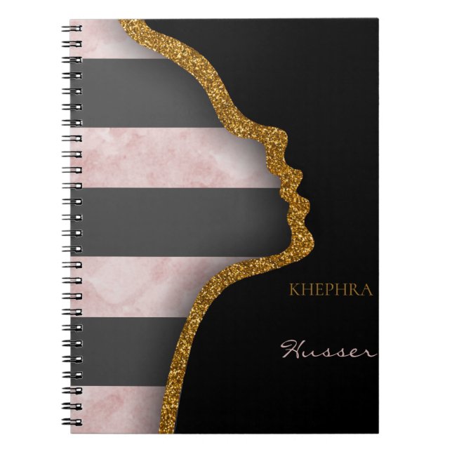 Pink Marble Gold Glitter Black And Grey Name Notebook (Front)