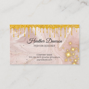 Pink Marble Gold Glitter Drip Golden Sparkle Business Card