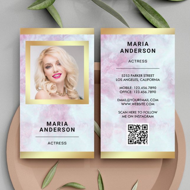 Pink Marble Gold Model Actress QR Code Photo Business Card (Creator Uploaded)