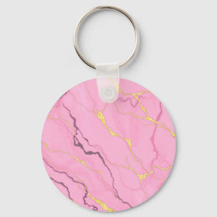 Pink Marble Gold Veins Pattern Key Ring