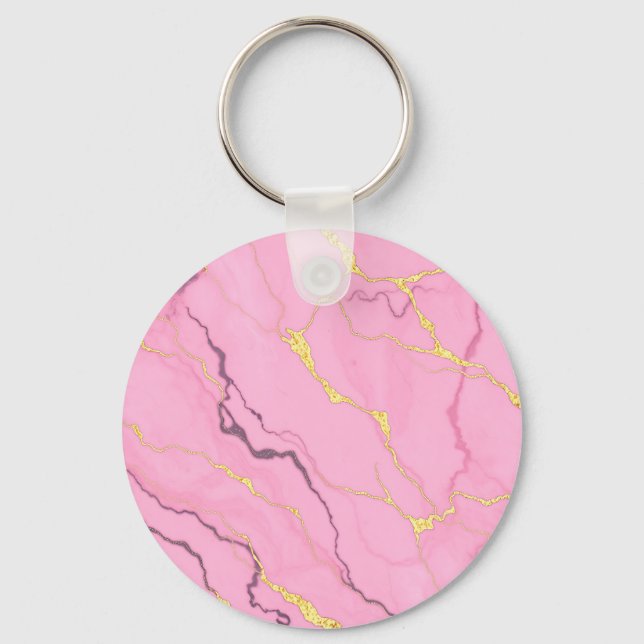 Pink Marble Gold Veins Pattern Key Ring (Front)