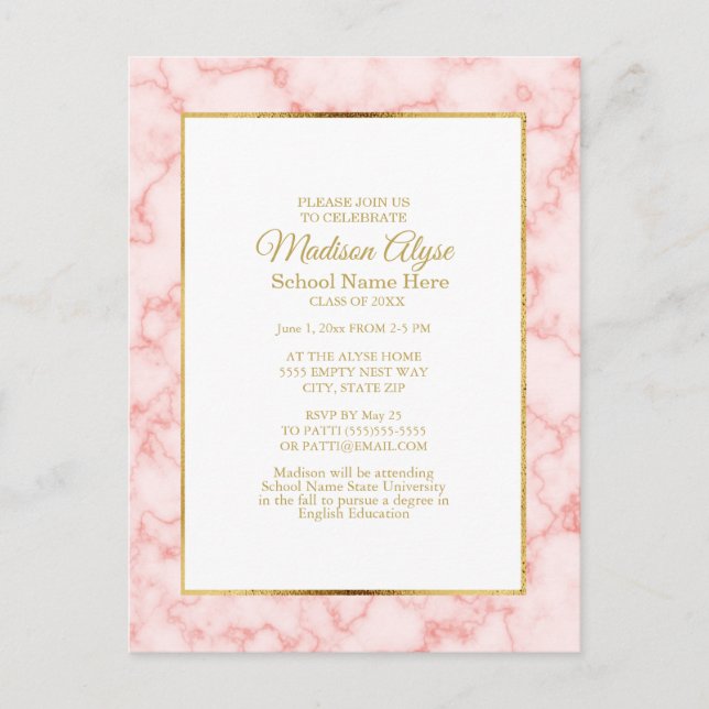 Pink Marble Gold White Graduation Party Invite Postcard (Front)