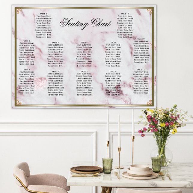 Pink Marble Golden Pearls Wedding Seating Poster (Creator Uploaded)