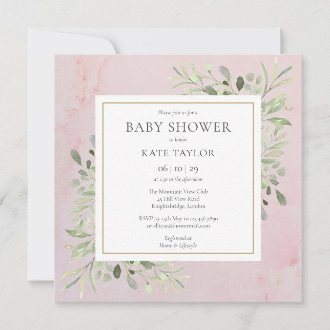 Pink Marble Greenery Baby Shower | Sprinkle Invitation (Front)