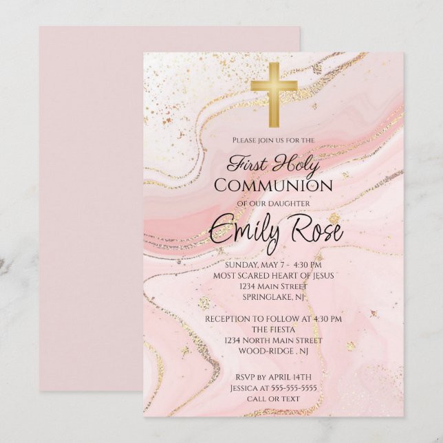Pink Marble Holy Communion Invitation (Front/Back)