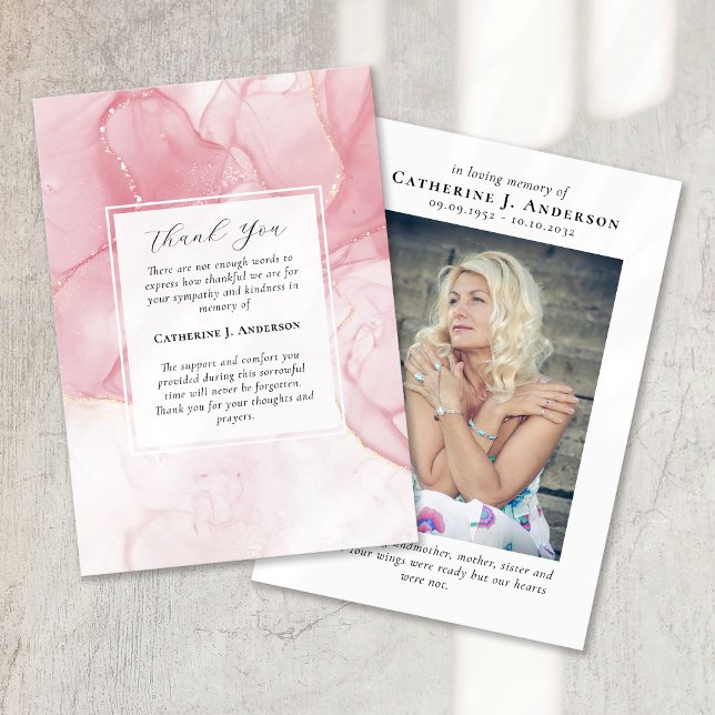 Pink Marble Memorial Photo Sympathy Funeral Thank You Card (Creator Uploaded)