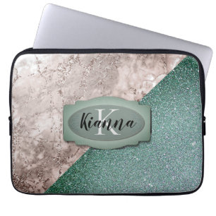 Pink Marble Minty Green Monogram Laptop Sleeve