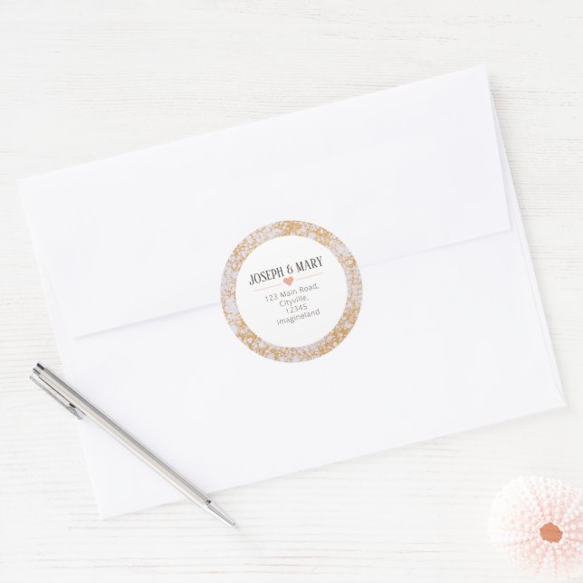 Pink Marble Modern Wedding return address Classic Round Sticker (Envelope)