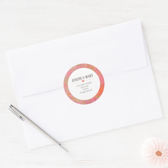 Pink Marble Modern Wedding return address Classic Round Sticker (Envelope)
