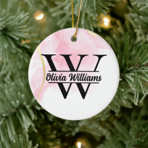 Pink Marble Monogram Girly Modern Gold Glitter Ceramic Tree Decoration