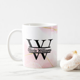 Pink Marble Monogram   Girly Modern Gold Glitter Coffee Mug