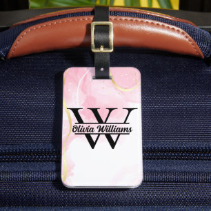 Pink Marble Monogram   Girly Modern Gold Glitter Luggage Tag