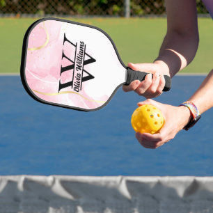 Pink Marble Monogram Girly Modern Gold Glitter Pickleball Paddle