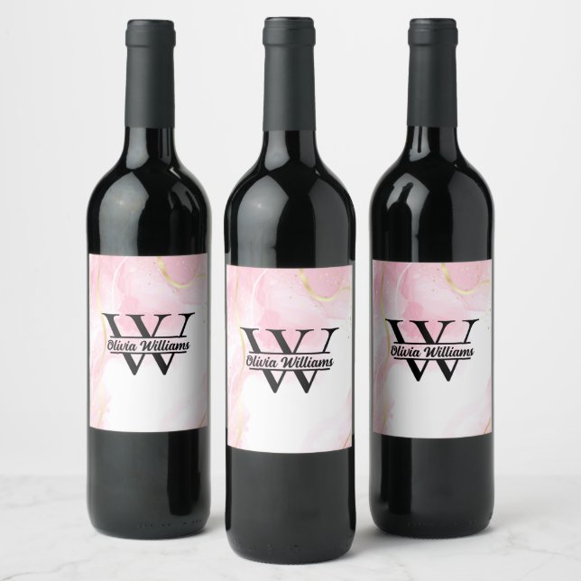 Pink Marble Monogram | Girly Modern Gold Glitter Wine Label (Bottles)