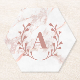 Pink Marble Monogram Initial & Name Custom Girls  Paper Coaster