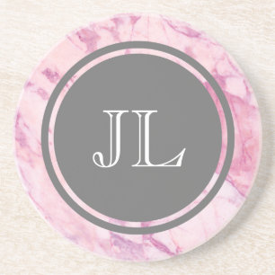 Pink Marble Monogram With Grey Circle Motif Coaster