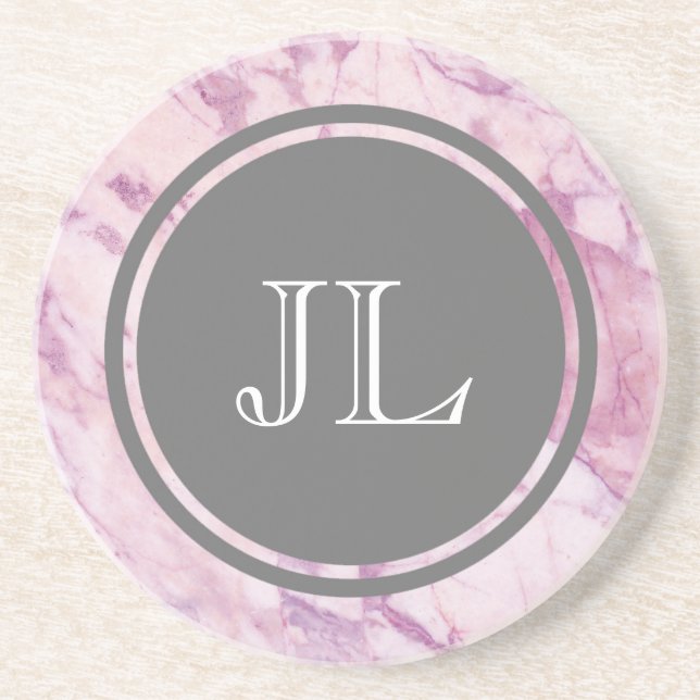 Pink Marble Monogram With Grey Circle Motif Coaster (Front)