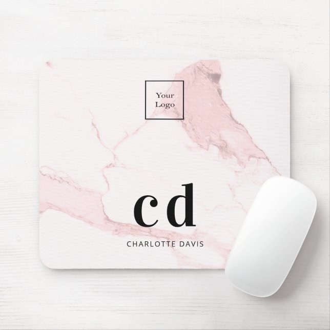 Pink marble name initials business logo mouse pad (With Mouse)