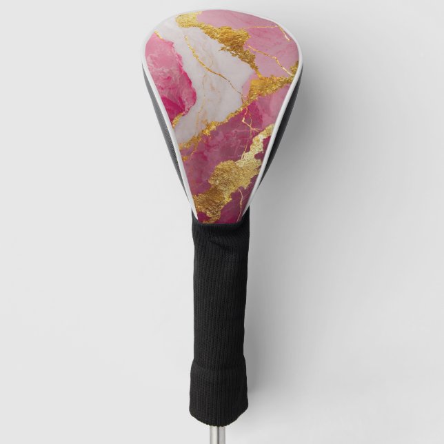Pink Marble Pattern with Gold Golf Head Cover (Front)