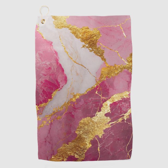 Pink Marble Pattern with Gold Golf Towel (Front)