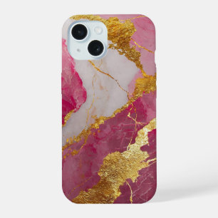 Pink Marble Pattern with Gold iPhone 15 Case