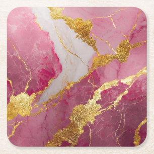 Pink Marble Pattern with Gold Square Paper Coaster