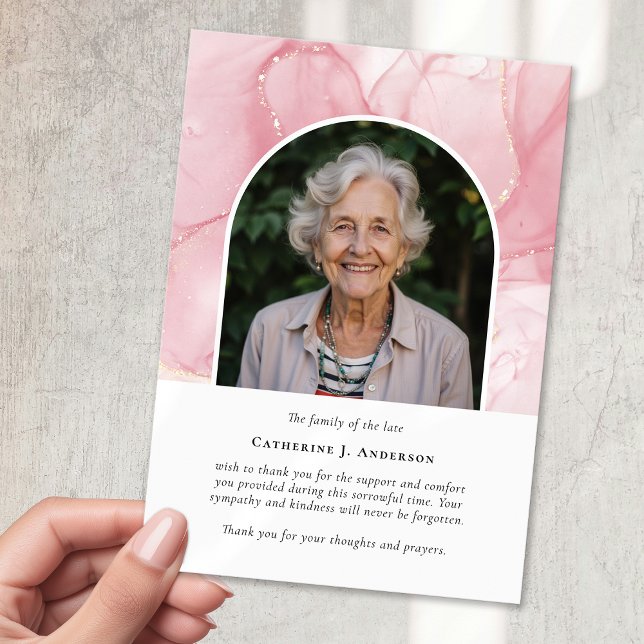 Pink Marble Photo Sympathy Funeral Memorial Thank You Card (Creator Uploaded)