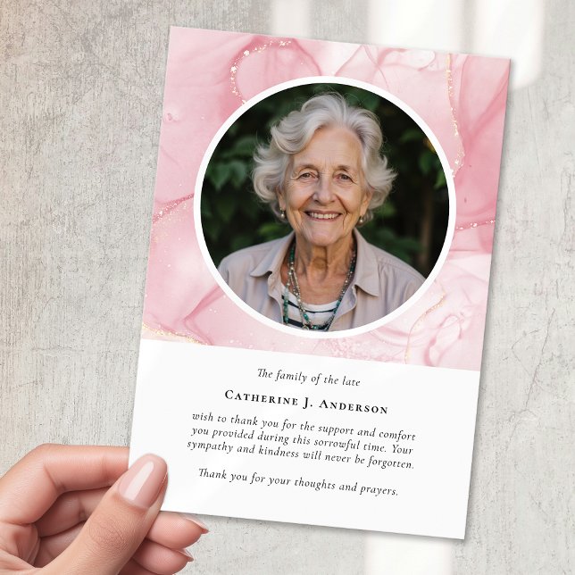 Pink Marble Photo Sympathy Memorial Funeral Thank You Card (Creator Uploaded)