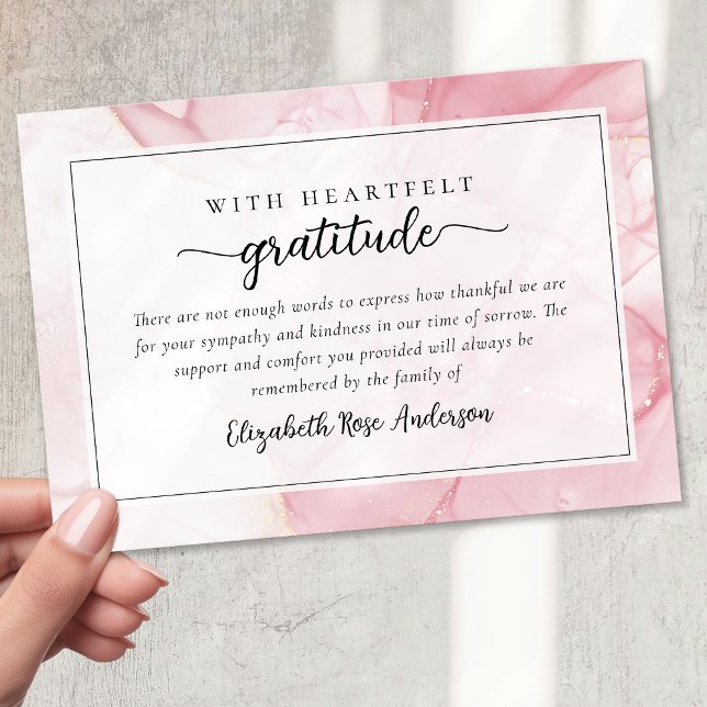 Pink Marble Script Sympathy Funeral Thank You Card (Creator Uploaded)