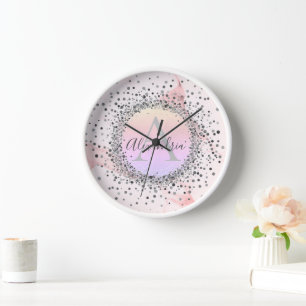 Pink Marble Silver Speckled Glittery Clock