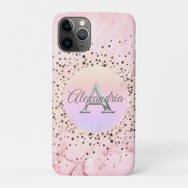 Pink Marble Speckled Monogram Case-Mate iPhone Case (Back)