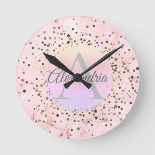 Pink Marble Speckled Monogram Personalised Round Clock