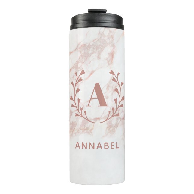 Pink Marble Wreath Custom Monogram Thermal Tumbler (Front)