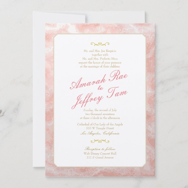 Pink Marbled Wedding Invitation Gold Coral (Front)