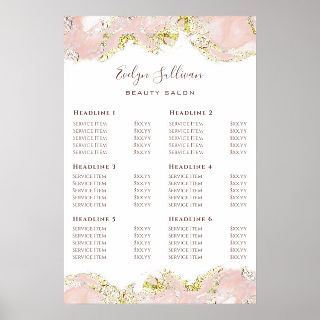 Pink Marbling Design Price List Poster (Front)