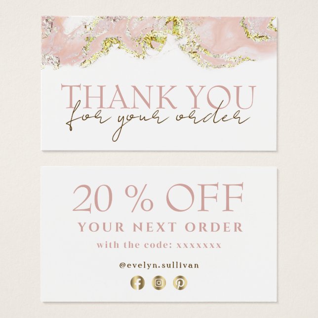 pink marbling design thank you discount card (Front & Back)