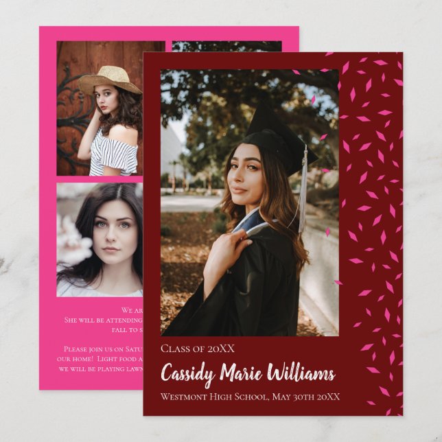 Pink Maroon Confetti Graduation Announcement (Front/Back)