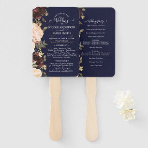 Pink Maroon Floral Greenery Navy Blue Wedding Hand Fan
